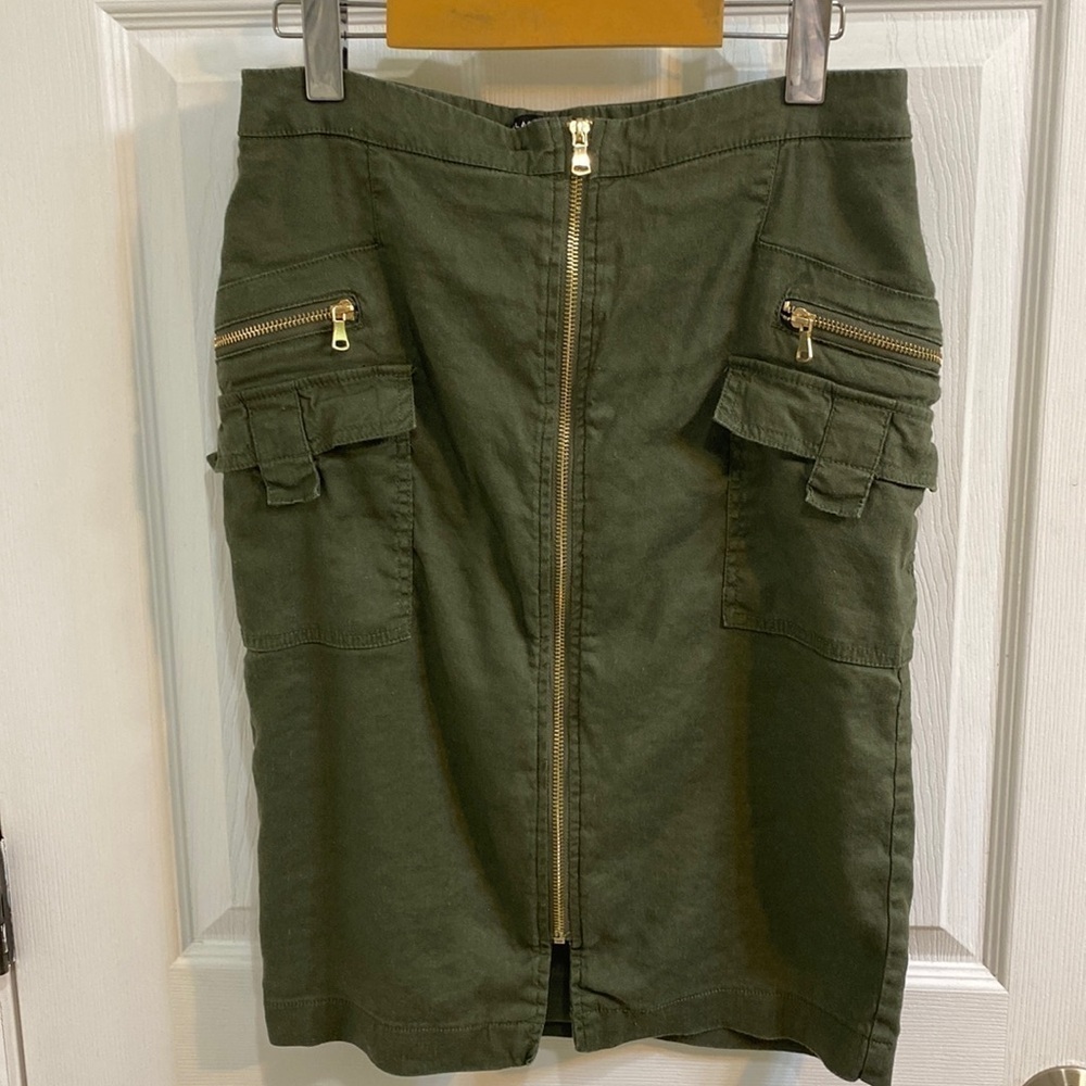 Black Label Chico’s Linen Blend Zippered Green Cargo Midi Skirt Women’s Size 2